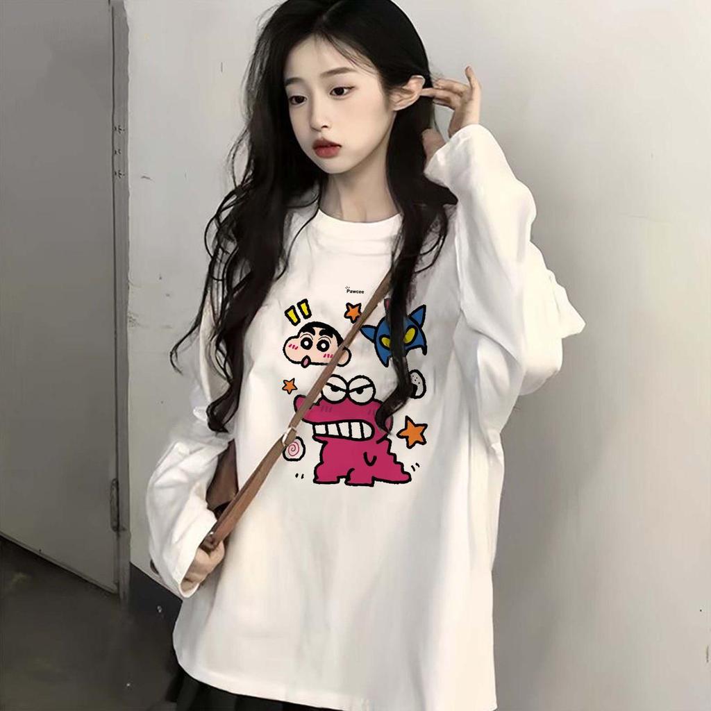 Women's Versatile Cotton Long Sleeve Crew Neck Printed Top - Loose Fit for Spring and Autumn 2025