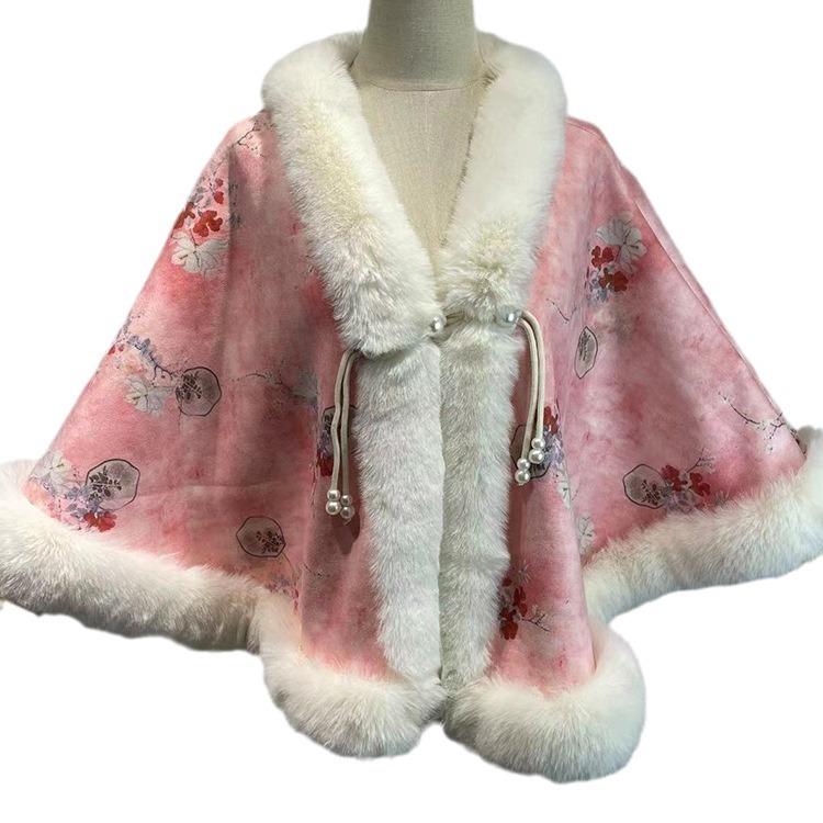 Small Cape Shawl Jacket Women'S Short Printed Velvet Thickened Rex Rabbit Hair Collar Sleeveless Cheongsam Wedding Dress