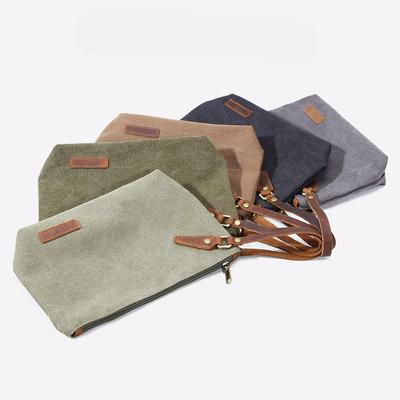 Casual Canvas Organizer Bag With Genuine Leather Wrist Strap Men Women Clutch Bag Wash Bag Travel Cosmetic Bag