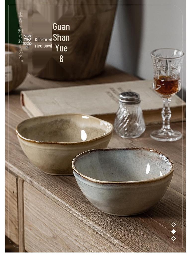 Japanese Retro Ceramic Irregular-Shape Bowl with Kiln-Changed Glaze - Ideal for Rice, Congee, or Noodles