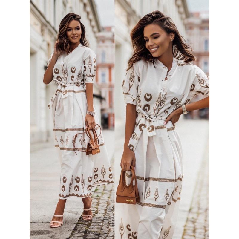 European and American Cross-Border New Short Sleeve Positioning Flower Linen Belt Mid-Length Shirt Dress