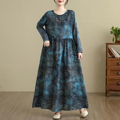 DIMANAF New 2025 Women Plus Size Spring Long Dress Loose Basic Vintage Oversize Long Sleeve Maxi Floral