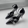 Black pointed high heels medium heel spring and summer thin heel single shoes women's metal buckle strap sandals