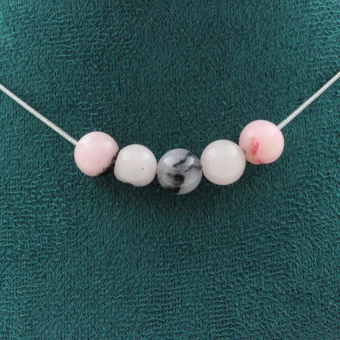 Collier - ABIJOUX - Opale rose - 5 perles 8 mm - Chaine acier inoxydable - 45 cm