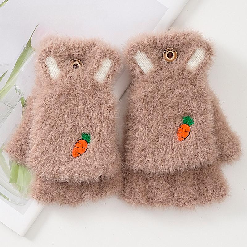 Cartoon Carrot Flip Gloves Women's Winter Fleece Warm Rabbit Ear Plush Half-finger Gloves