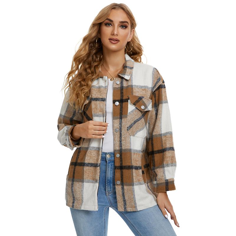 Ropa de abrigo holgada, chaqueta a cuadros, bolsillos elegantes Vintage, abrigo de manga larga de gran tamaño, cuello de solapa para mujer