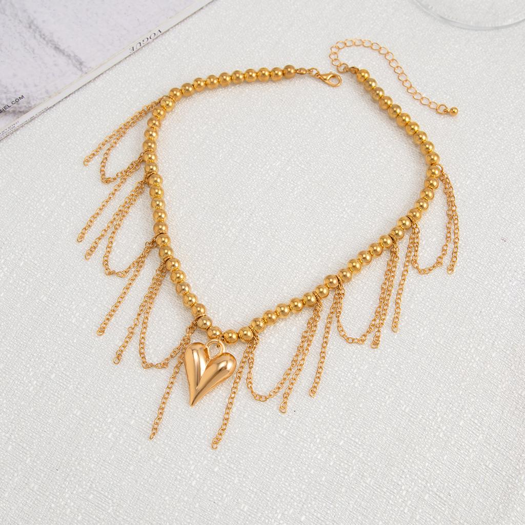 Women Beads Heart Pendant Necklace Tassel Clavicle Chain Adjustable Tassel Chain Party Jewelry Accessories