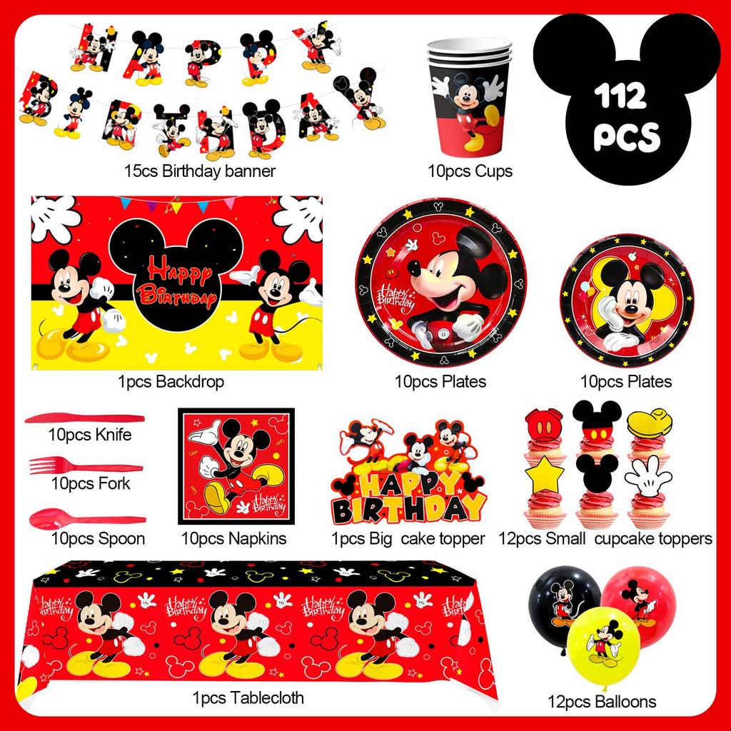 112 Pcs Cartoon Birthday Party Supplies, Cartoon Birthday Decorations and Party Tableware Set - Cartoon Birthday Plates Cups Napkins Banners Balloons