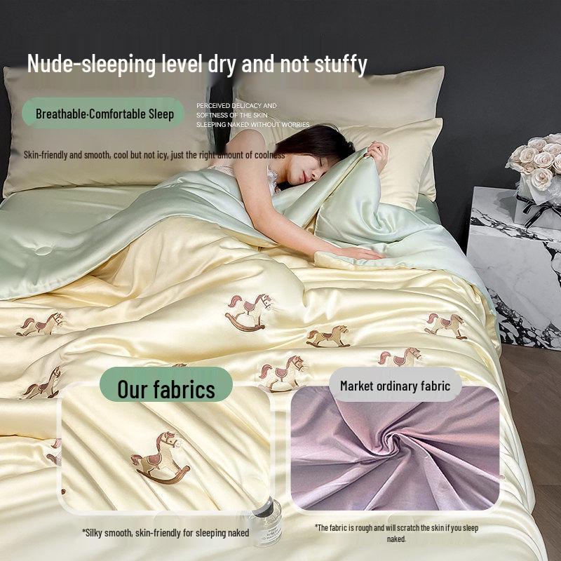 Summer Embroidery Silky Quilt Set – 4-Piece Bedding for Single/Double, Includes Bare Sleep & Air Conditioning Quilts