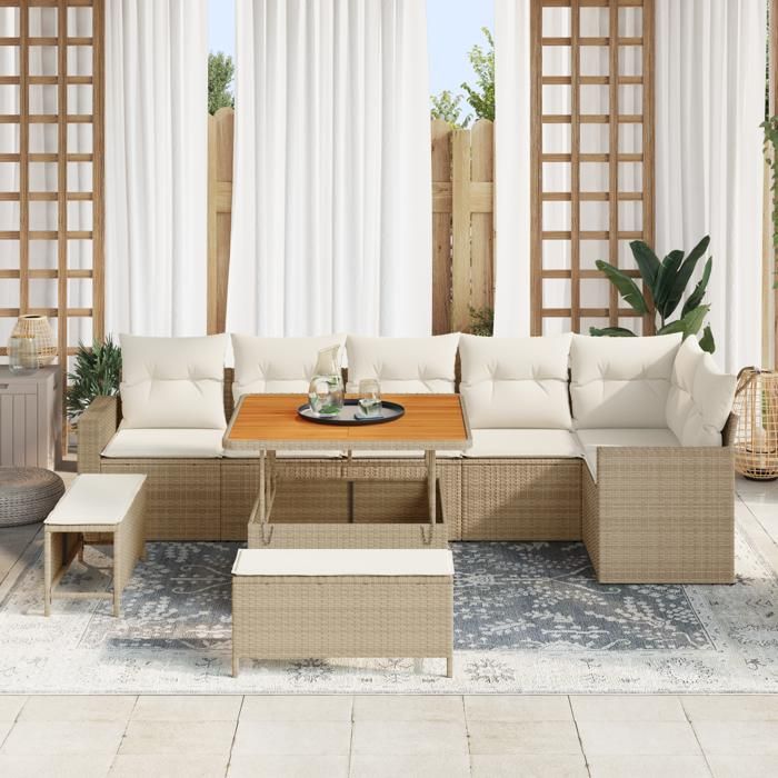 Ensemble de canapé de jardin 9 pièces avec coussins Beige Poly Rattan Acacia, Ensemble de salle à manger de jardin 3 pièces 3363576