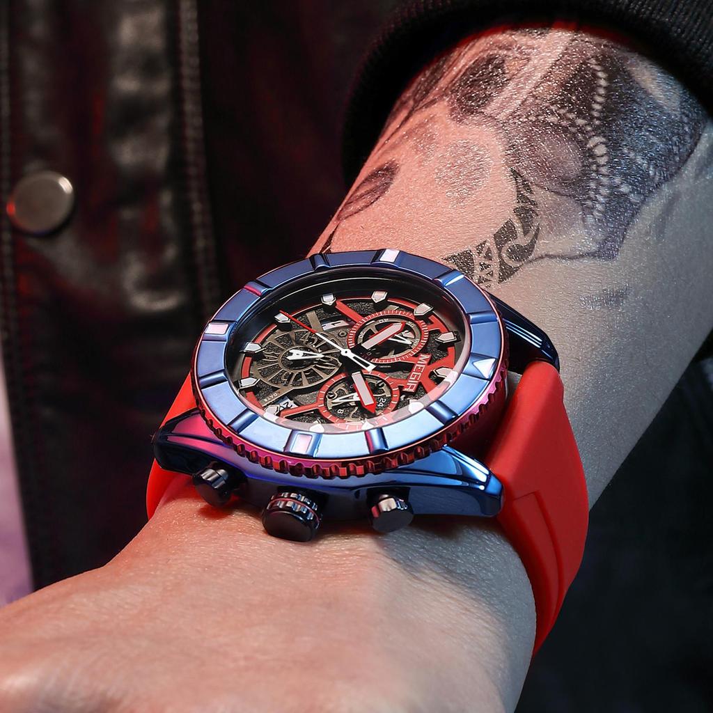 MEGIR Orologio Uomo Al Quarzo - Cronografo Analogico Sportivo, Quadrante Grande Luminoso, Cinturino In Silicone Morbido, Oro