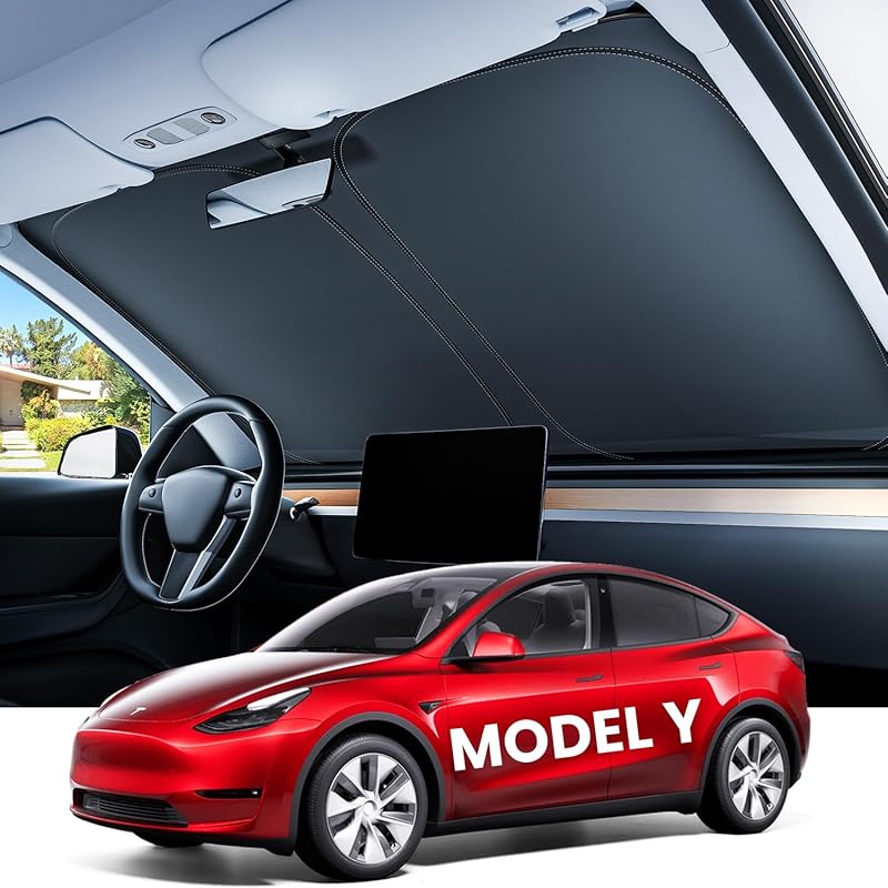 REEVAA 2025 Upgraded Tesla Model 3 Highland Sunshade Windshield [Tailored Fit, 99% Sun Protection] Foldable And Easy-Use Sunshade Accessories With