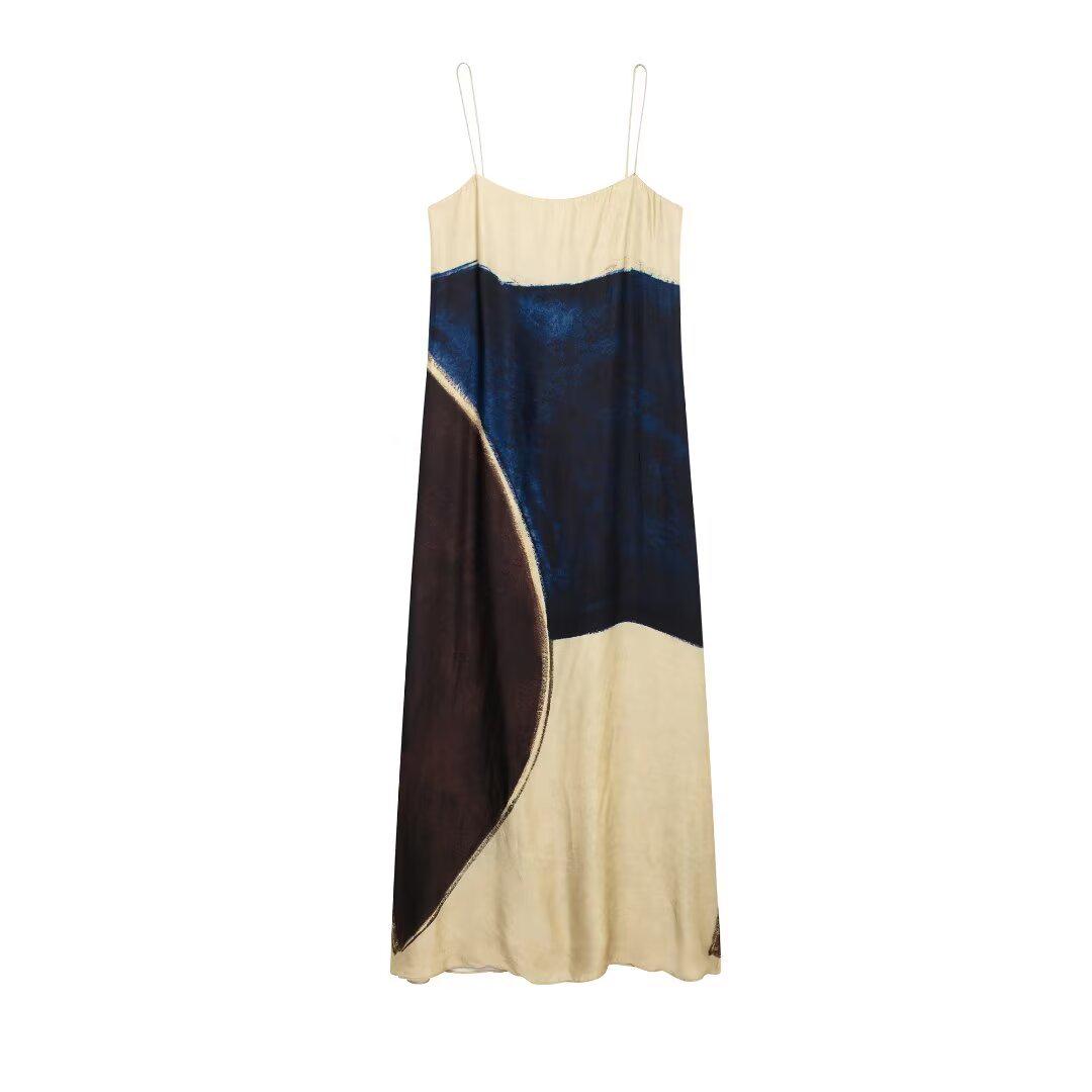 

2024 Осень Женское Платье в Европейском и Американском Стиле на Бретелях-Спагетти, Свободное, с Принтом Extra Small