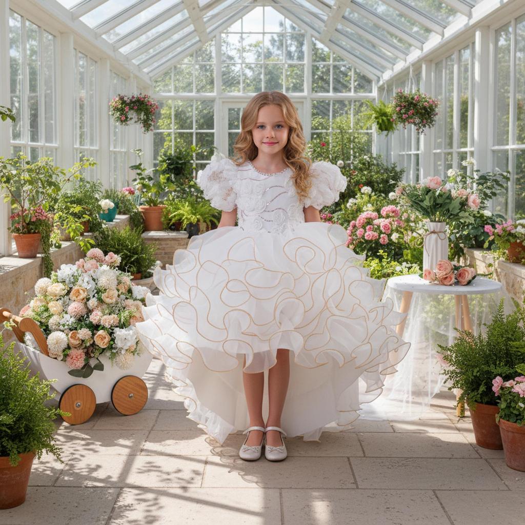 2025 New Children's Princess Dress with Rose 3D Appliques, Bow, and Cake Train