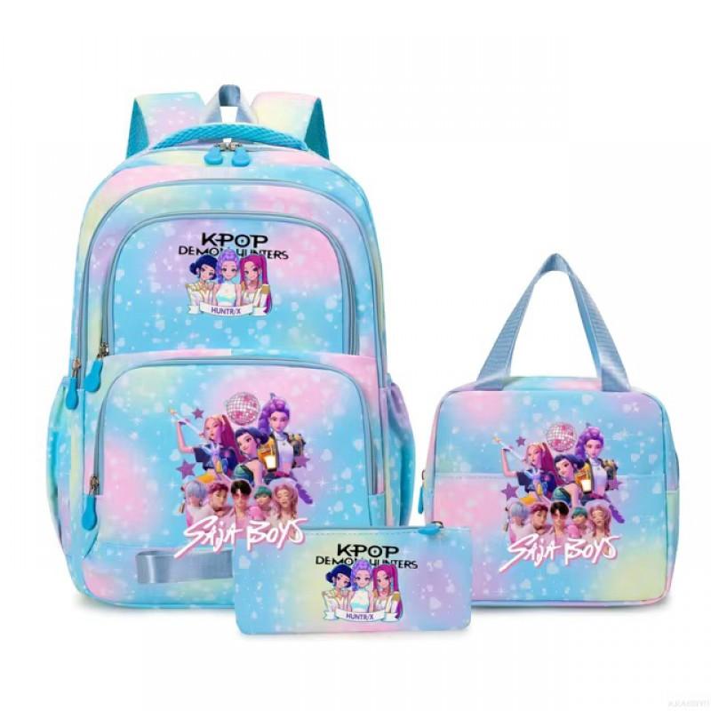 K-Pop Inspired Cartoon School Backpack Set Teen Girls 3pcs Lunch Bag Main Pencil Case Arc Shoulder Straps British Style