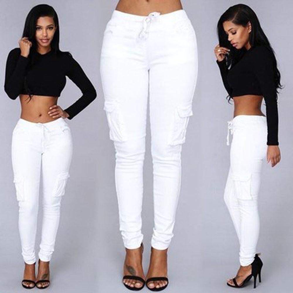 

Women Sexy Fashion High Waist Stretch Slim Casual Pants Pencil Trousers Pocket 2XL білий