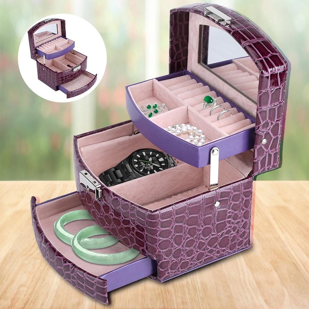 Portable Jewelry Box Storage Multi Layer Organizer Case Ring Earring Necklace Mirror Purple