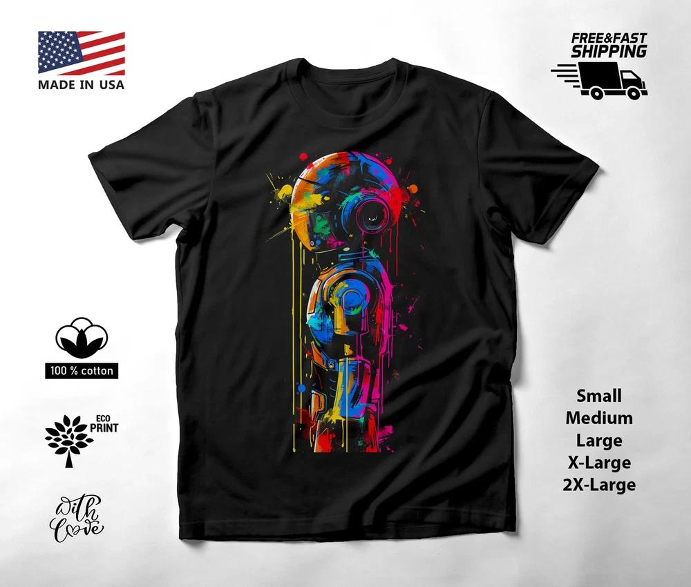 Friendly Robot Neon Graphic T-Shirt Black Unisex S-2XL