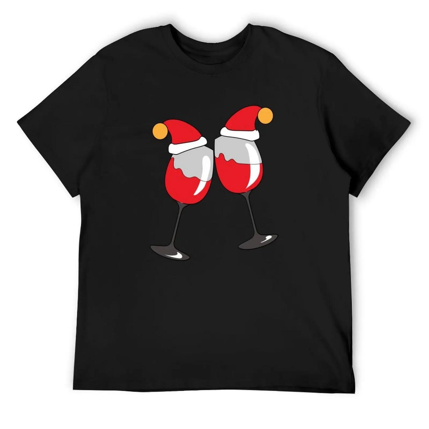 Two glasses of red wine With Christmas hat Funny wine T-Shirt boys whites funny shirt cotton anime figures mens graphic t-shirts XXXXXL разноцветный
