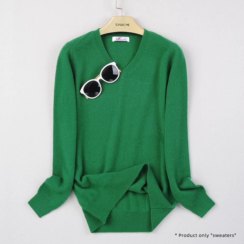 Women's V-neck Cashmere Sweater Warm Long Sleeved Sweater Solid Color