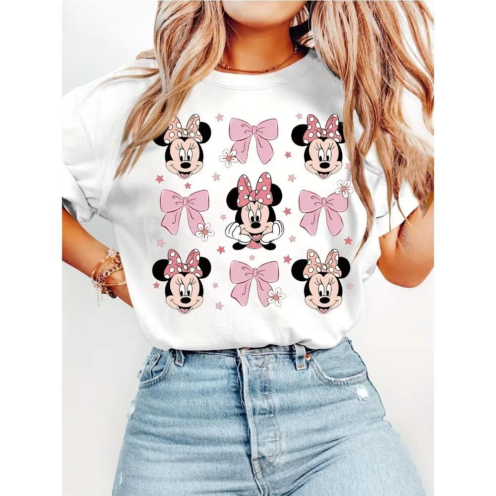 Ladies Short Sleeved Retro Cartoon Sweet and Cute Minnie Print Round Neck Tshirt Fashionable Casual Daily Versatile Top