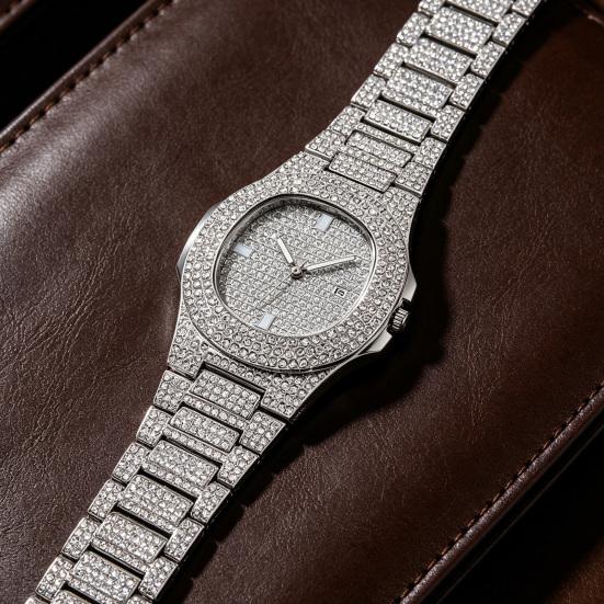 Quarzuhr mit voll besetztem Diamantlünetten- und Zifferblatt-Design, hochpräzise, funkelnd, trendiger Hip-Hop-Stil, für den täglichen Gebrauch und Partys