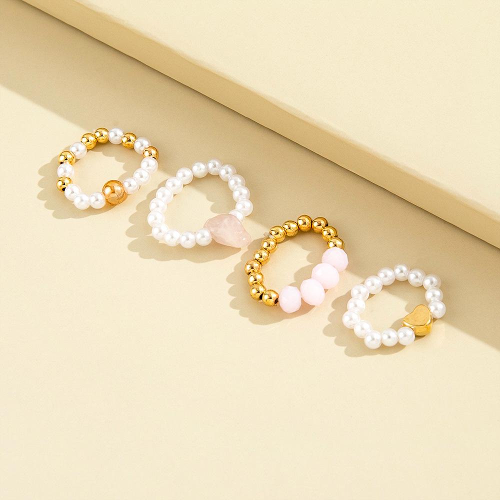 HI MAN 4 Pcs/Set Korean Mixed Handmade Pearl Stone Acrylic Small Round Bead Heart Ring Women Classic Elegant Dating Jewelry