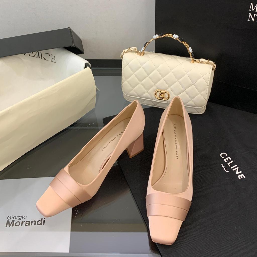 French satin square head thick heel high heels women's 2025 new champagne bridesmaid shoes fairy style temperament