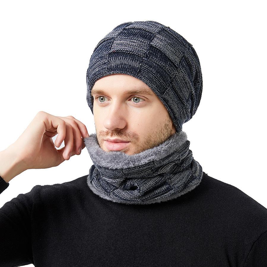 Autumn and Winter Men's Hats Two-color Square Plus Velvet Knitted Hats and Scarves Two-piece Set Couple Style Pile Hats