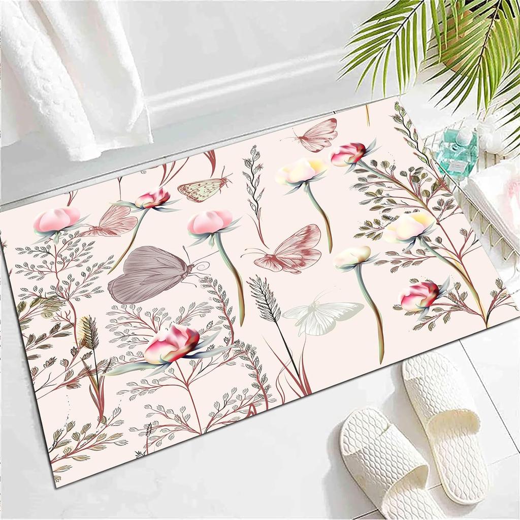 Wild Animal Butterfly Carpet Spring Garden Plant Floral Rug for Bedside Sofa, Botanical Flower Floor Mat Home Entrance Doormat
