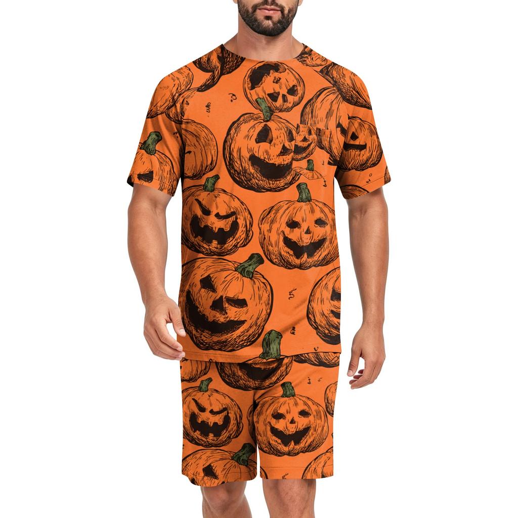 Men's Halloween Casual Pajama Set Short Sleeve Top and Shorts Comfortable Lightweight Sleepwear Set for Home Relaxation