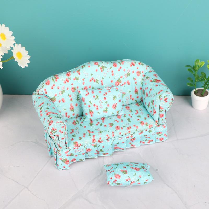 1 Set 1:12 Dollhouse Furniture Double Sitting Sofa With Pillow Kit Doll House Simulation Miniature Living Room Kids Pretend Play