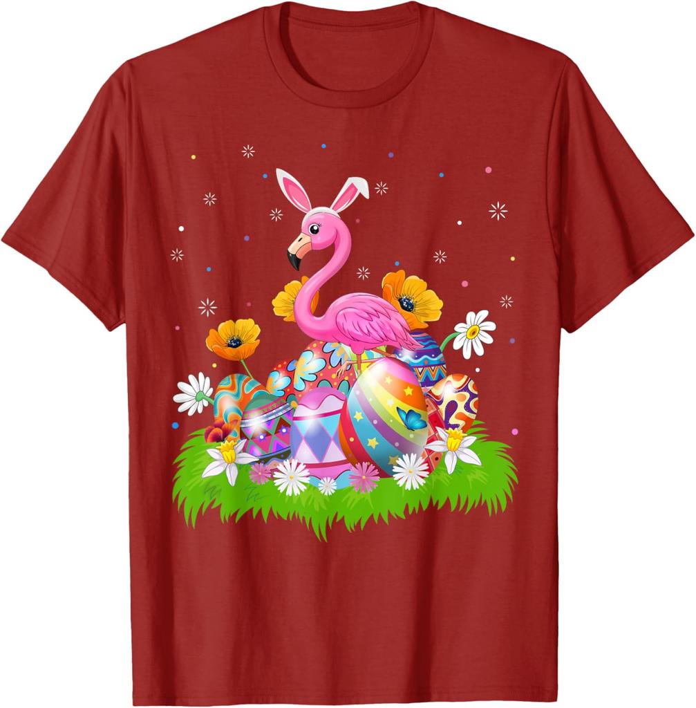 Flamingo Easter Bunny Ears Eggs Graphic Tee Cotton Casual Short Sleeve T-Shirt