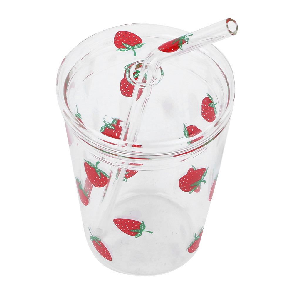 Heat resisting Clear Strawberry Pattern Coffee Juice Drinking Water Glass Cup with Straw Lid