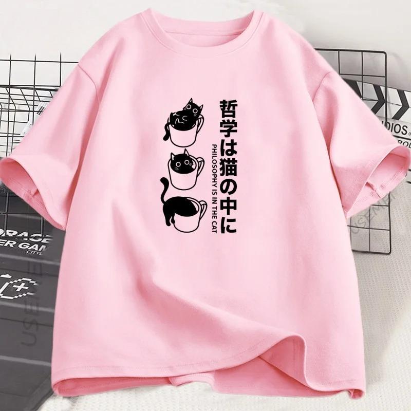 Funny Kawaii Cat T-Shirt Japanese Cat Coffee Lover T Shirt Women Streetwear Harajuku Clothing Cute Black Cat Tee Women Tops