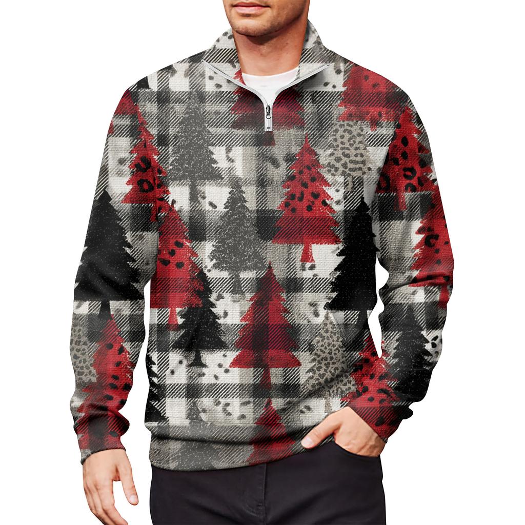 Men's Loose Casual 1/4 Zip Sweatshirt Fashion Printed Long Sleeve Top With Pockets
