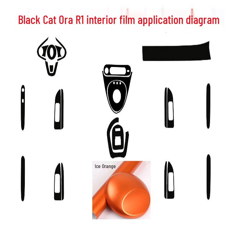 Carbon Fiber Interior Decor Stickers for Black Cat Ora R1: Central Control, Gear Position, and Door Panels
