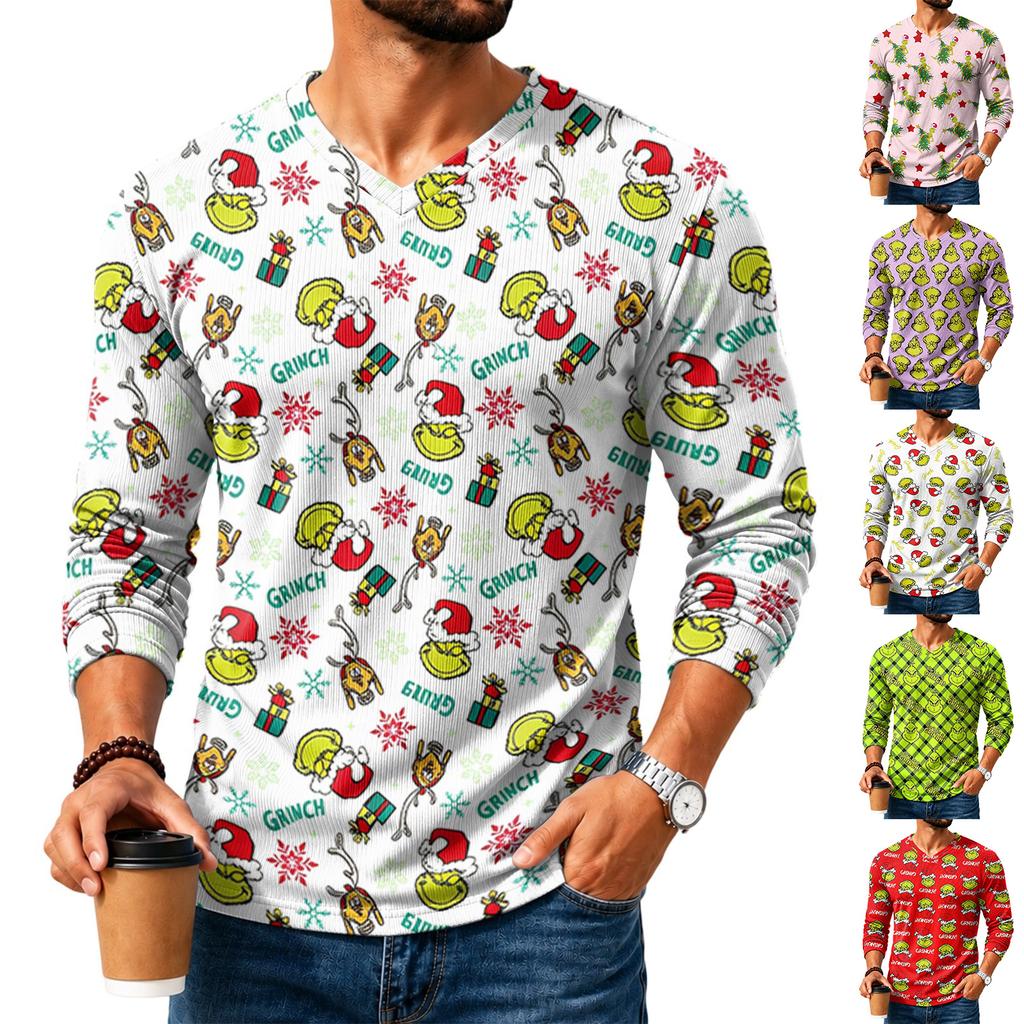 Men's Casual Christmas V-Neck T-Shirt Comfortable Loose Fit Street Printed Top