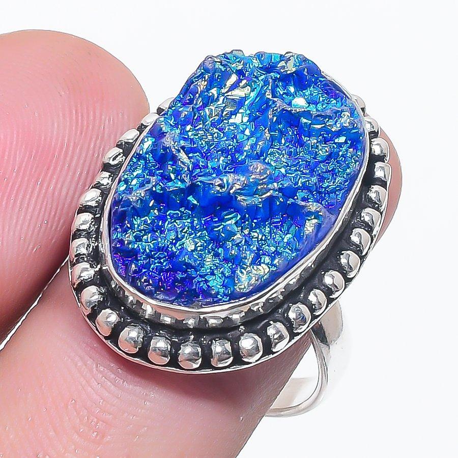 Natural Blue Titanium Druzy 925 Sterling Silver Jewelry Ring Size 8.5 o7I81