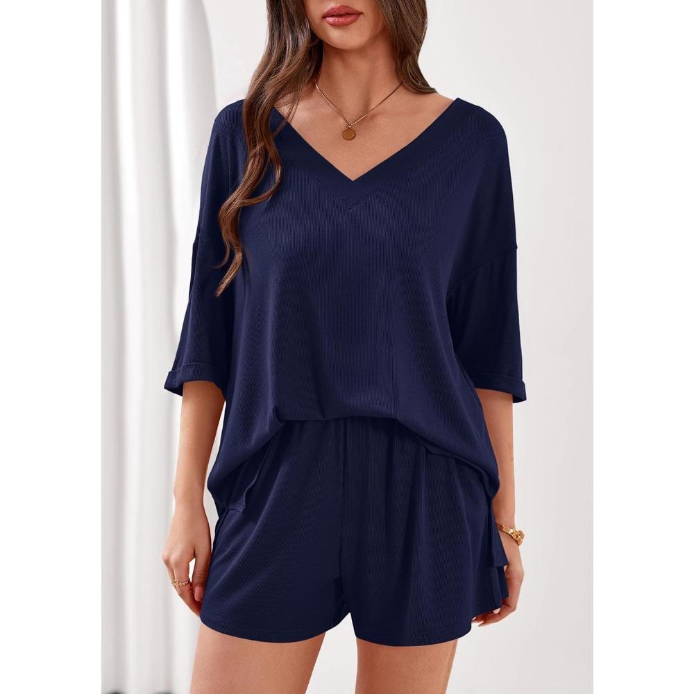 Women's Two Piece Lounge Outfit Set V Neck Half Sleeve Solid Tops and Pocket Shorts