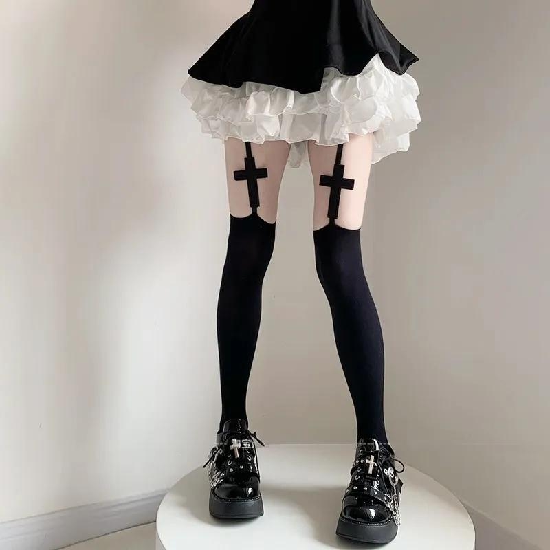 2026 Personality Metal Cross Tights for Women Suspender Socks Thin Thigh High Lolita Anime Cosplay Gothic Over Knee Stockings