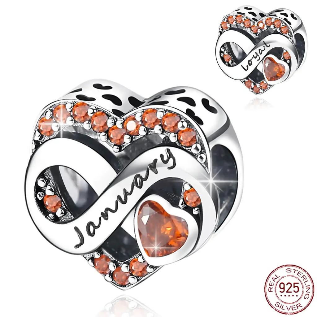 925  Silver January-December Birthday Stone Love Zircon Pendant Bead Fit Charms Necklace Bracelet Women Jewelry DIY Gift