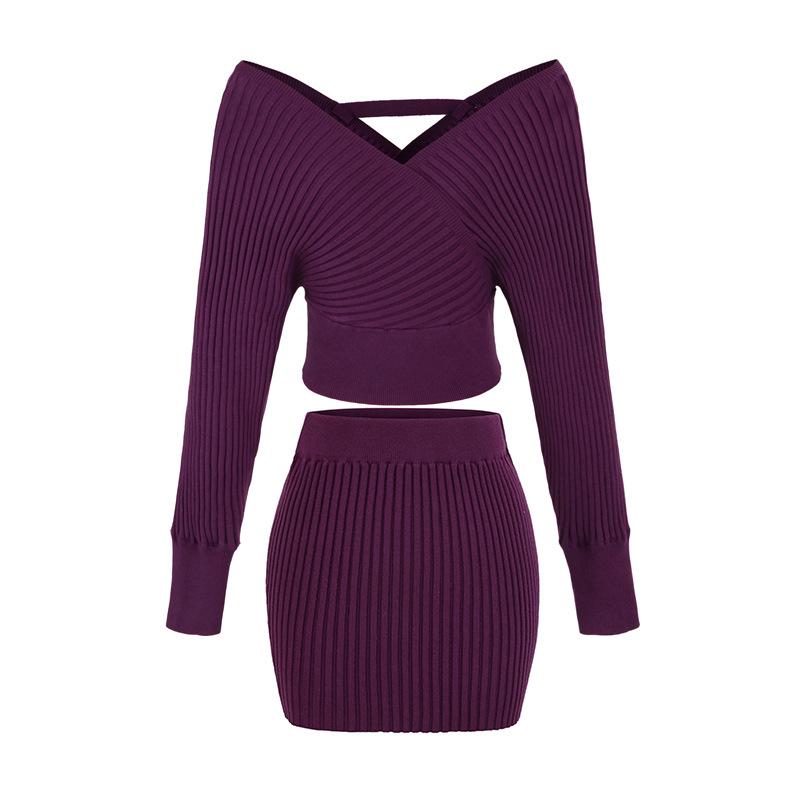 Korean Style 2026 V-Neck Off-Shoulder Knit Top + High-Waist Skirt Set for Women