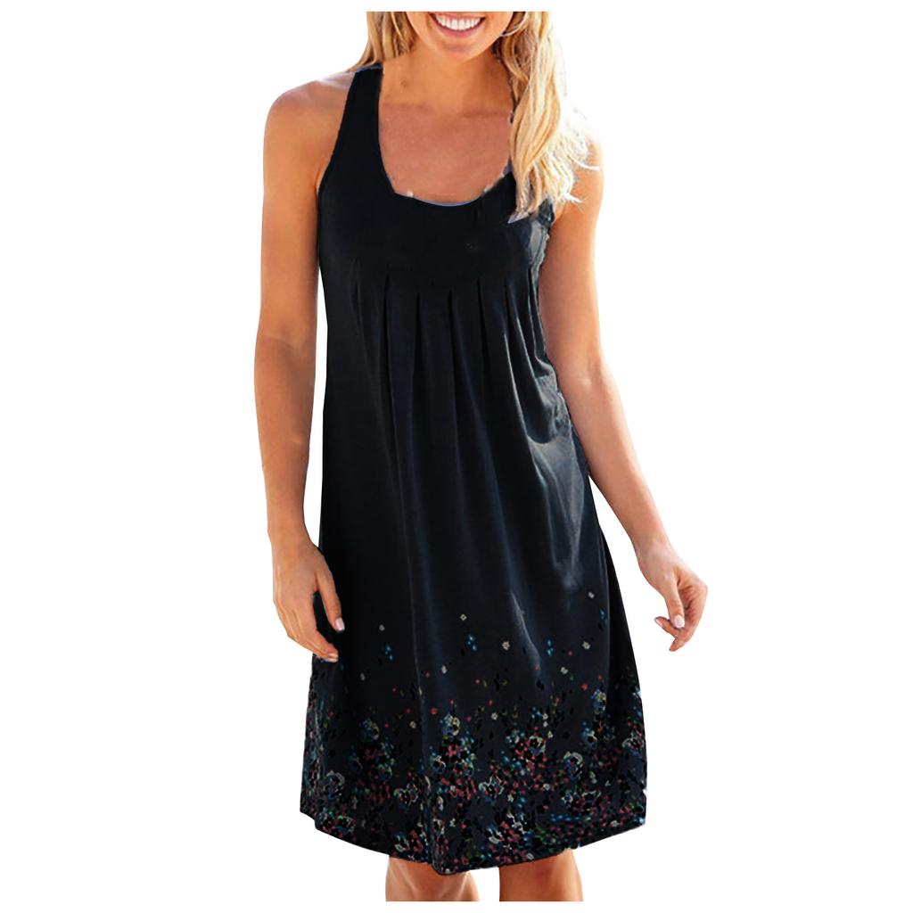 Women's Summer Loose Casual Skirt Print Chest Pleated  Sleeveless Dress