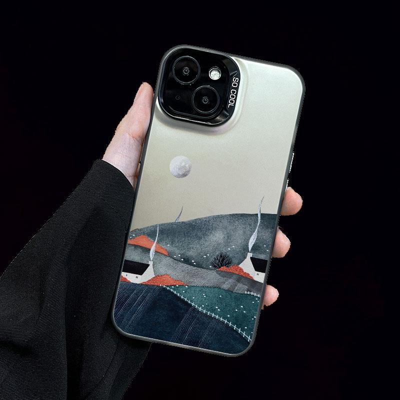 Mountain Landscape Cottage Minimalist Style Painting Phone Case For IPhone 16 15 Plus 16 15 14 13 12 11 Pro Max Mini Laser Cover