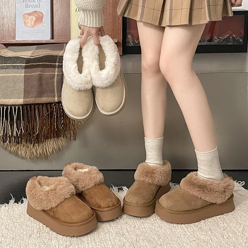 Retro platform fluffy snow boots women's new winter one-pedal bag heel plush cotton shoes