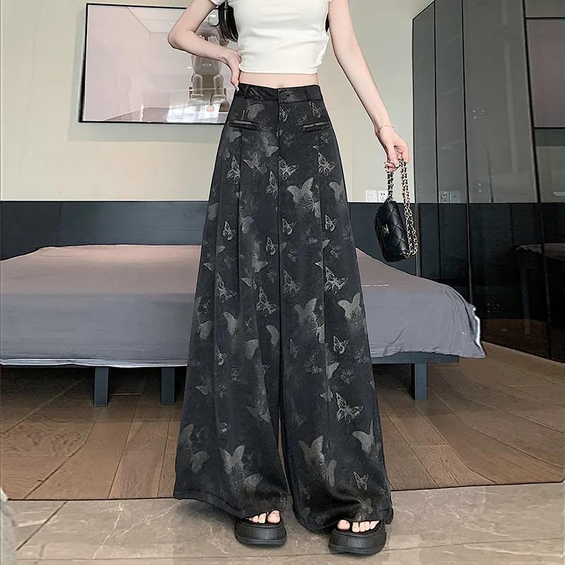 Women s Butterfly Print Wide Leg Pants High Waist Loose Casual Fashion Trousers S чёрный