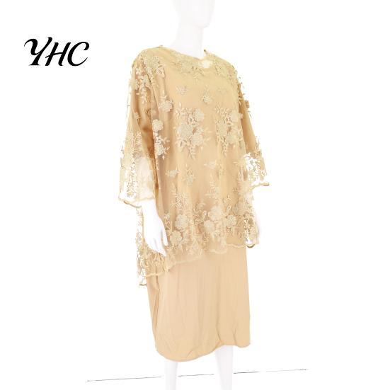 Lady Evening Dress O-neck High-Waist Plus Size Midi Embroidery Lace 3/4 Sleeve Female Clothing