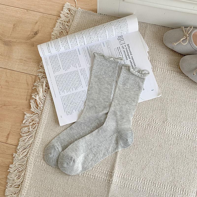 White Curled Socks Women'S Ins Wind Ultra-Thin Boneless Breathable Stacking Socks Solid Color Japanese Basic Jk Socks Medium Tube Socks