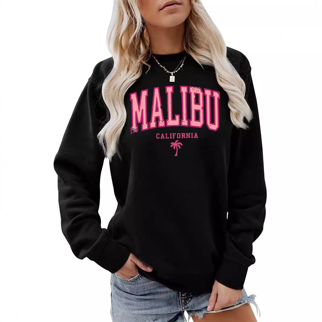 

Женский свитшот с круглым вырезом и длинными рукавами с принтом букв California Malibu - Ранняя осень L чёрный
